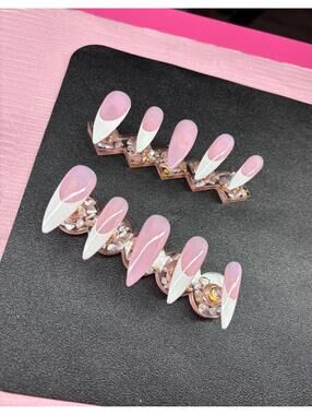 Extra long stiletto press on nails white French tips pink base handmade custom